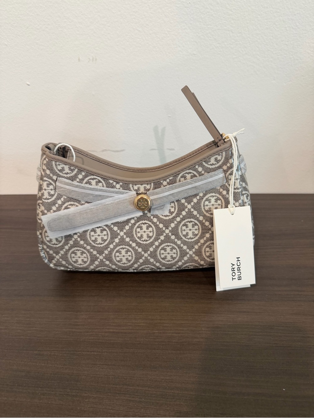 Tory Burch Gray and White Logo Jacquard Wristlet with Gold Accent